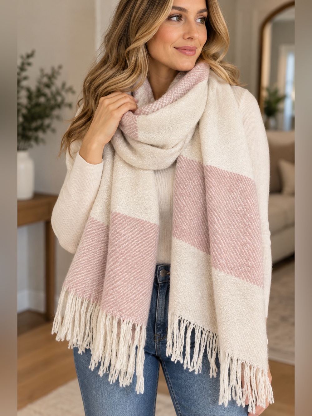 Gentle Fawn Blush Pink & Ivory Oversized Fringe Wrap Scarf / Shaw